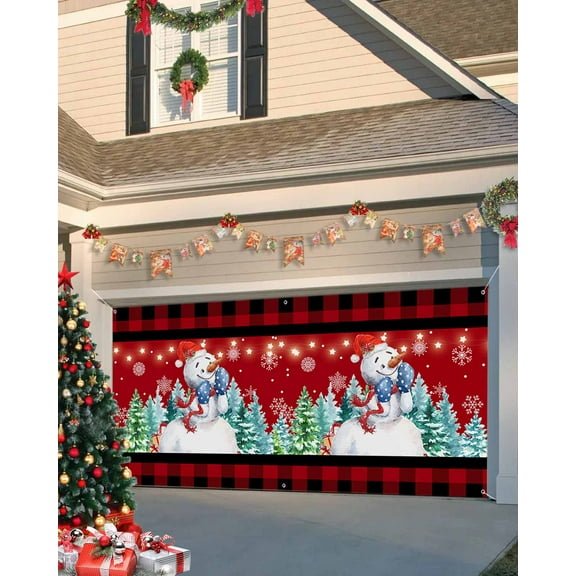 Garage Door Banner Cover 6 x 13 ft, Christmas Red and Black Plaid Snowman and Xmas Tree Christmas Garage Door Decorations Holiday Christmas Backdrop Decor for Winter New Year Xmas Party