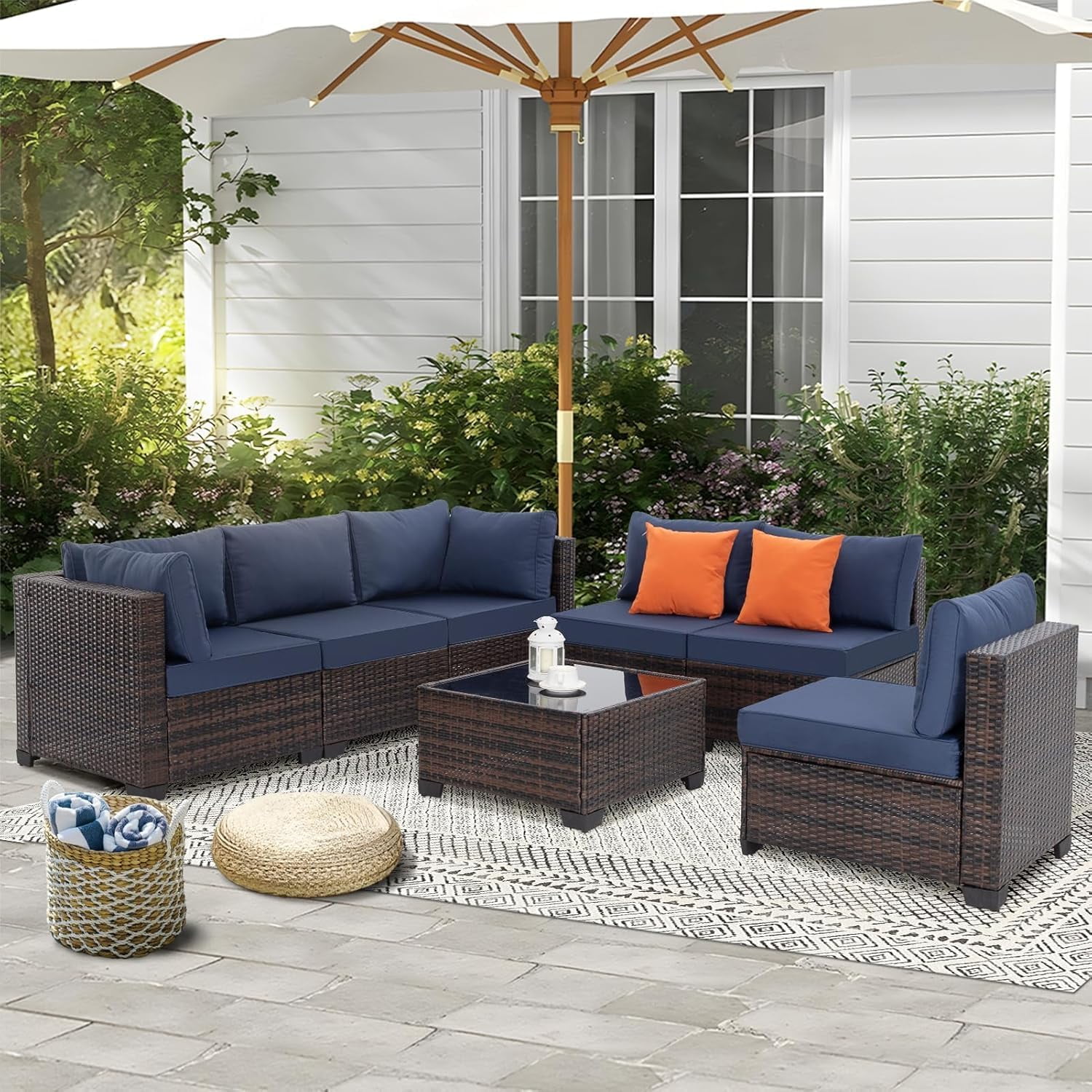 7 Pieces Outdoor Patio Furniture Set, Wicker Sectional Sofa Set Rattan Modular Patio Conversation Sets with Cushions Couch Set & Coffee Table for Outside, Garden, Balcony, Porch, Brown/Blue