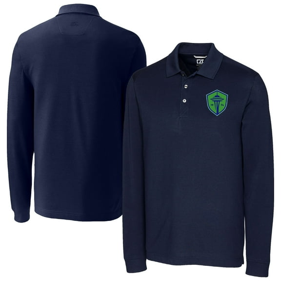 Men's-Cutter & Buck  Navy Seattle Sounders FC Big & Tall Advantage Eco Tri-Blend Pique Long Sleeve Polo