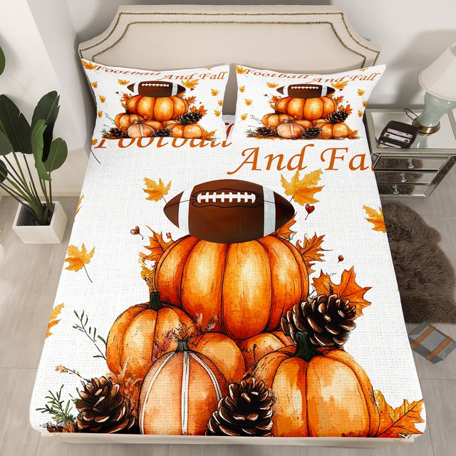 Drap-housse Citrouille de Récolte d'Automne Format Grand Lit, Ensemble de Literie Soccer Soccer pour Garçons Feuilles d'Érable Rustiques d'Automne Draps de Lit pour Enfants Ados, Draps Campagnards de Style Ferme pour l'Action de Grâce, 2 Taies d'Oreiller