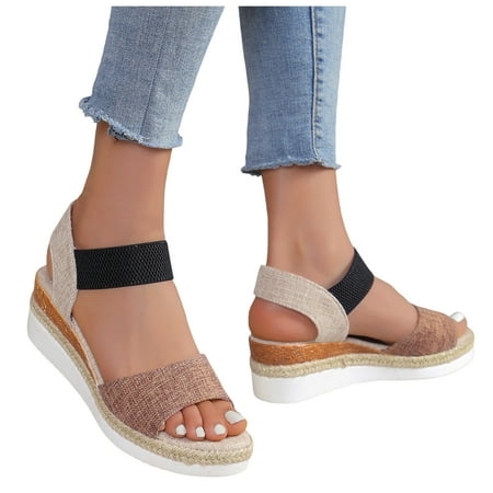 

ZHAGHMIN Comfortable Sandals for Women Walking Women Fashion Sandals 2024 Summer Wedge Thick Sole Comfortable Open Toe Breathable Elastic Band Sandals Khaki Size6.5