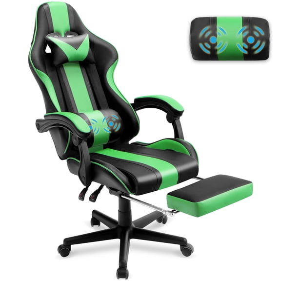 SOONTRANS Green Gaming Chair, Ergonomic Gamer Game Chair with Footrest & Massage Lumbar Pillow, High Back Reclining Office Computer Chair for Adult