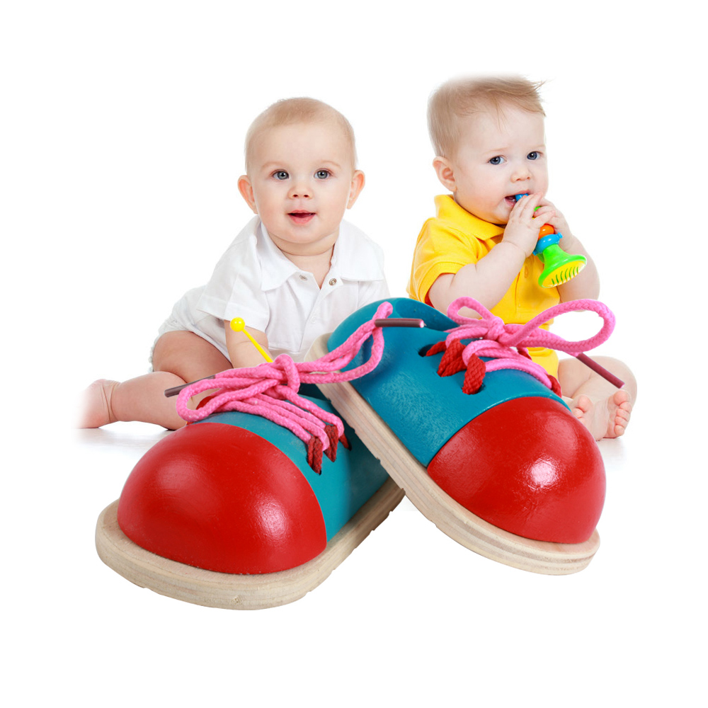 Wood Lacing Sneaker Learn How to Tie Shoelaces Shoes Lacing Hand Coordination Development Preschool Educational Toy 1pc