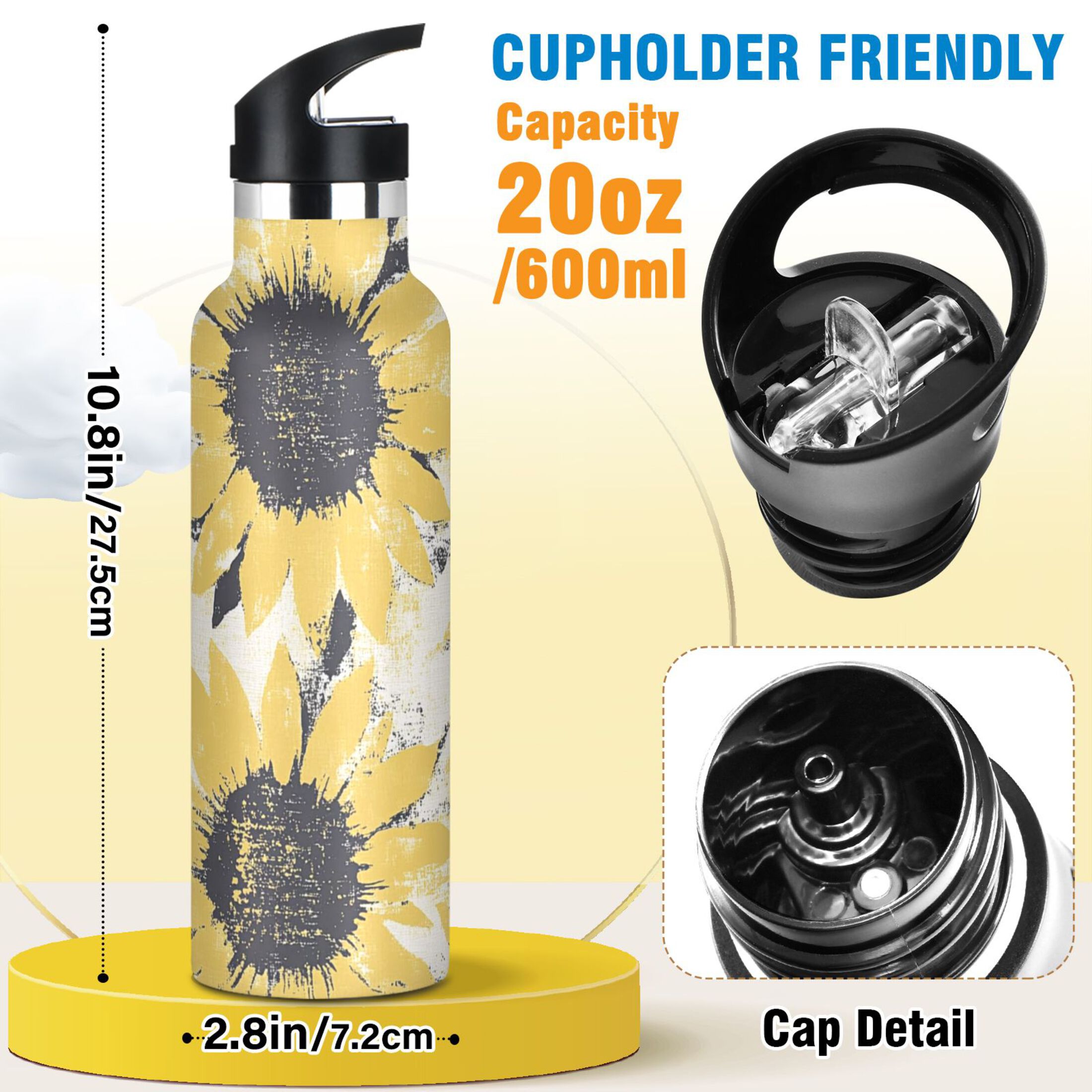Kids Insulated Stainless Steel Sports Water Bottle 600ml (20oz) Yellow and White Sunflower