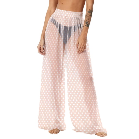 Yuanlook Beach Cover Up Pants for Women,Elastic High Waist Bathing Suit Mesh Sheer Wide Leg Pant - Beige - M