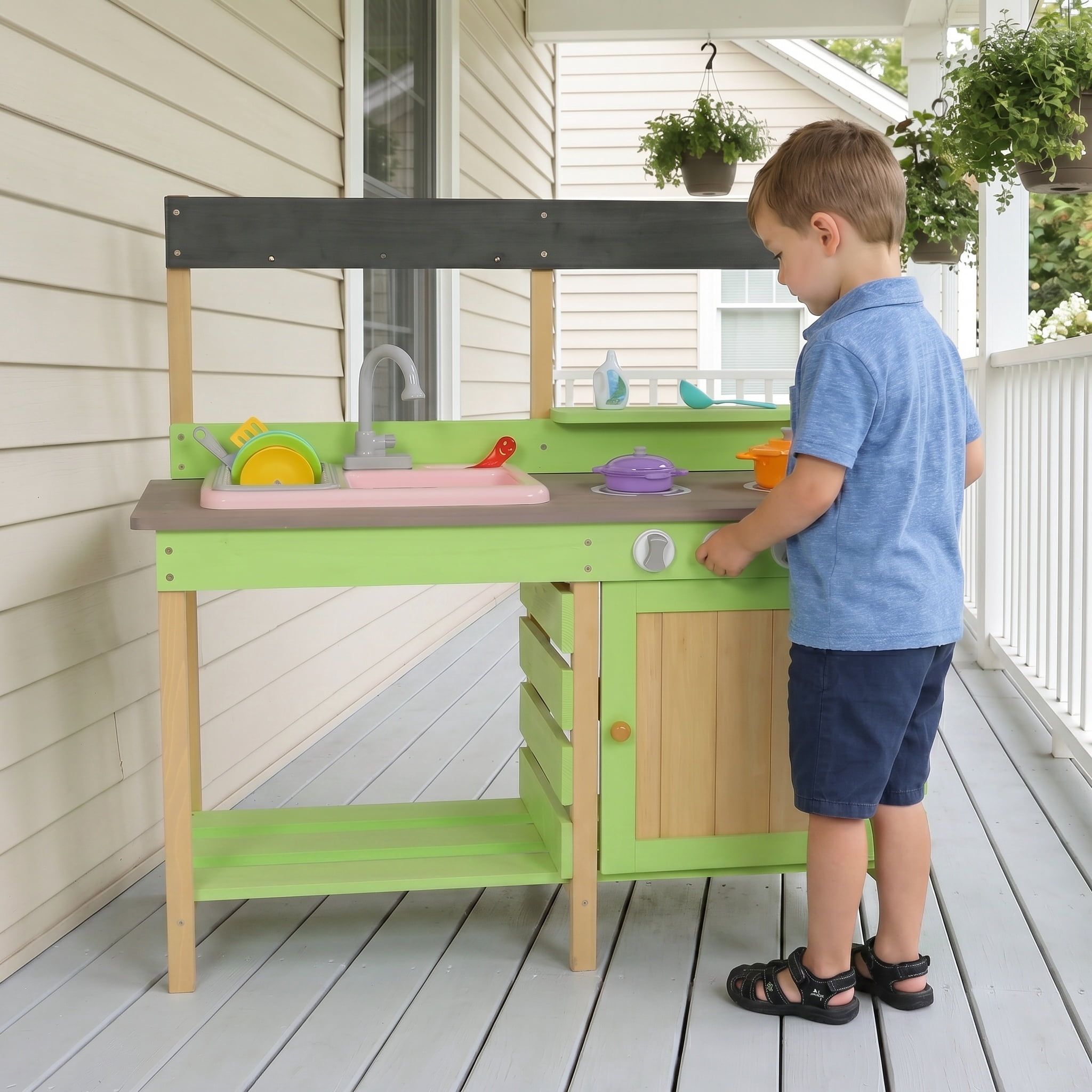 Wooden Kids Play Kitchen, Outdoor Mud Kitchen with Water Play Set and Cooking Toys, Storage Cabinet & Drawer, Pretend Role Play Gift for Boys Girls Ages 3-8