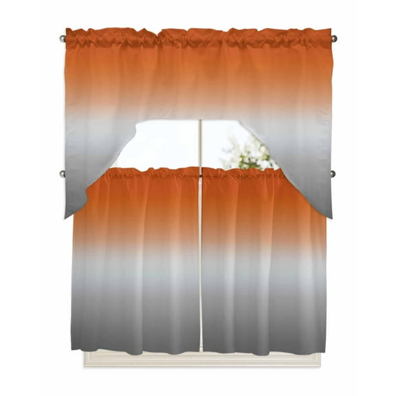 Burnt Orange Gray Ombre Kitchen Curtain and Valance Set 3 Pieces,Rod Pocket Short Tier Curtains 36 Inch Length,Modern Gradient Abstract Art Swag Topper Small Window Treatment for Cafe Bathroom