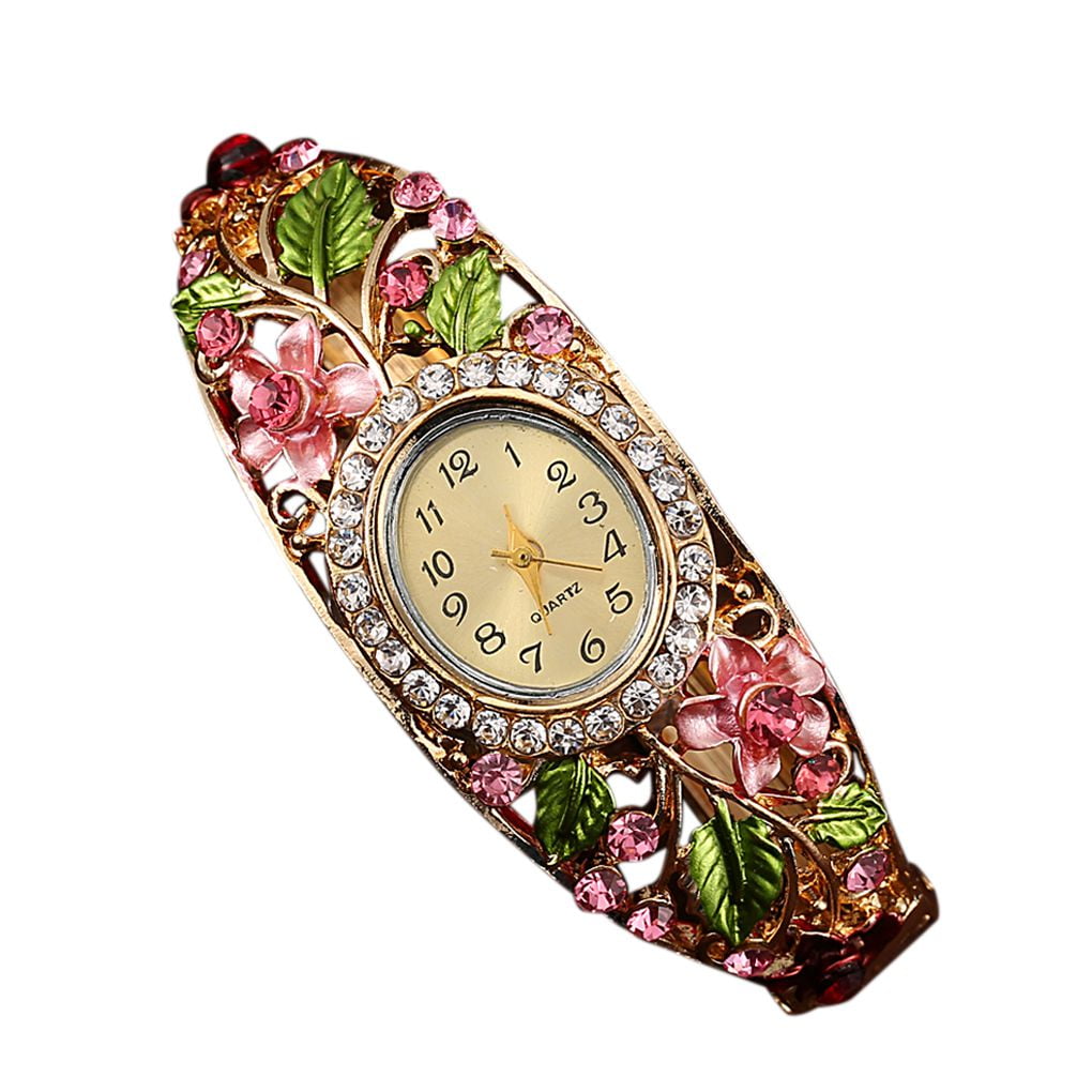 FleinngHoz - Flower Rhinestone Decor Women Watch Bracelet Quartz Round ...