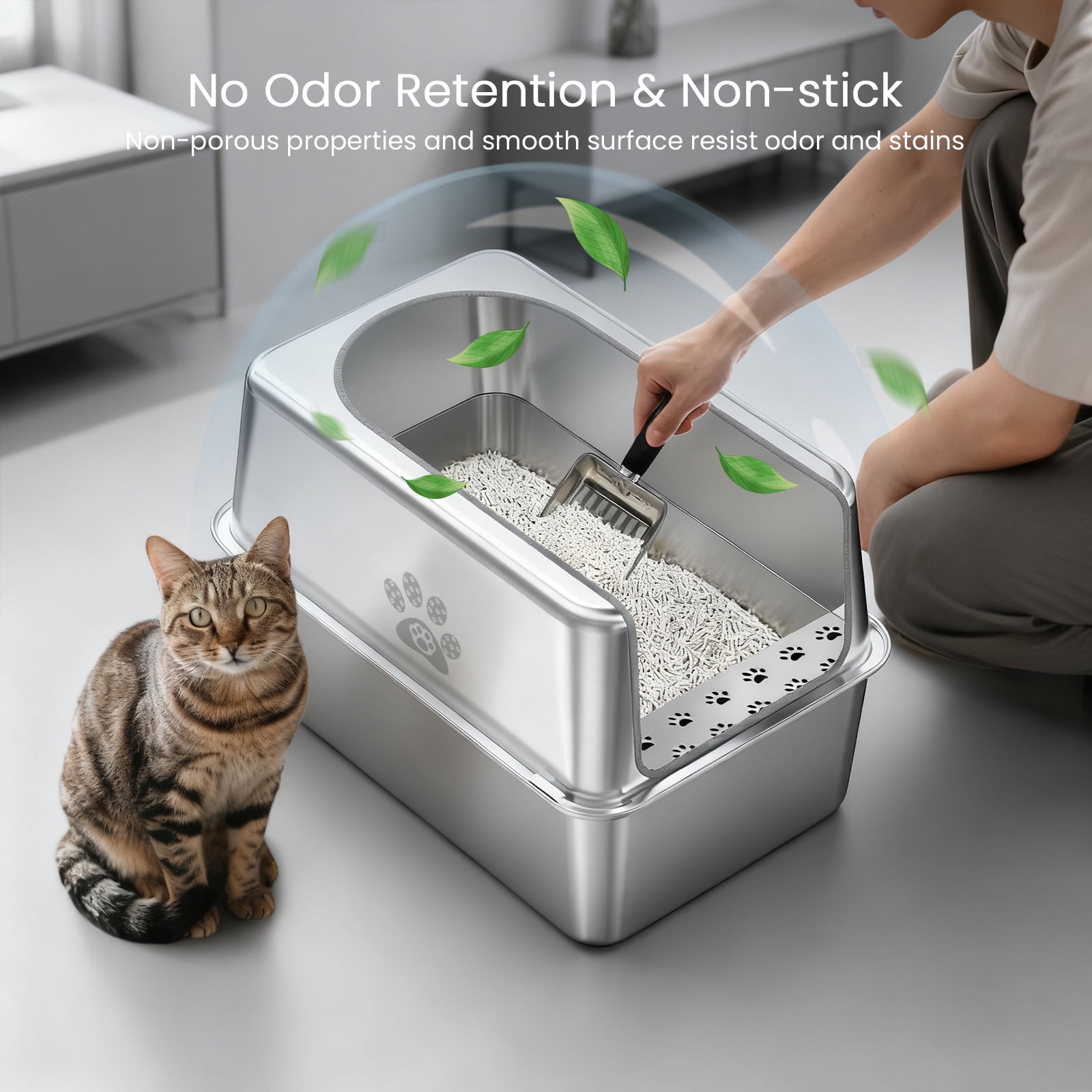 Ptlom Stainless Steel Litter Box with Lid Metal Litter Box Extra Large Cat Litter Pan 23.4" X 15.5" X 15.7"