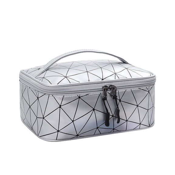 Large Retro Nylon Simple Fashion Lattice Waterproof Cosmetic Bag Storage Bag Travel Toiletry Bag Makeup Case SILVER