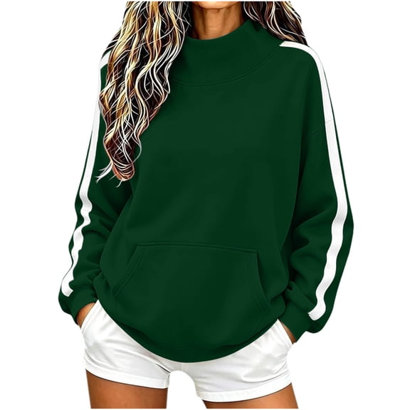 Turilly Women's Autumn Winter Loose Mock Neck Sweatshirt, Color Block Side Stripe Long Sleeve Pullover with Front Pocket, Casual Soft Sports Fashion Top for Daily Outdoor Wear