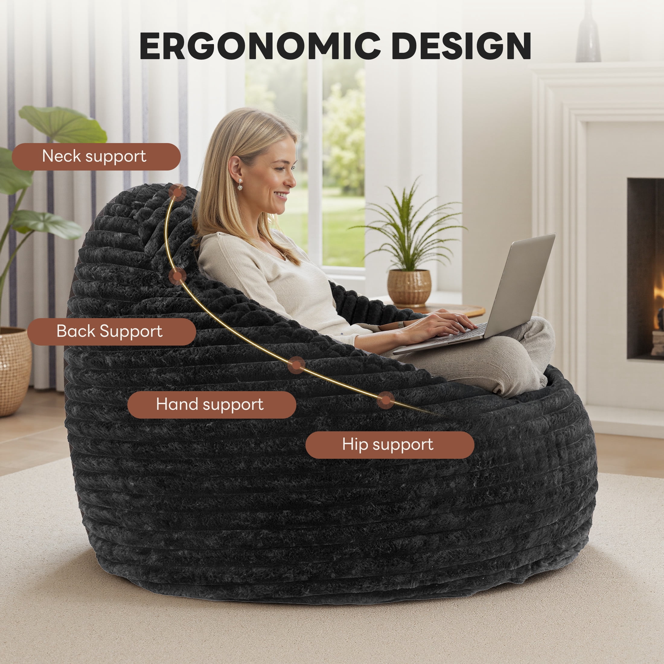 edx Bean Bag Chair Lounger Chair, Cozy Beanbag Sofa with Removable Fabric Cover for Living Room Bedroom College Dorm, 3.2 ft Black