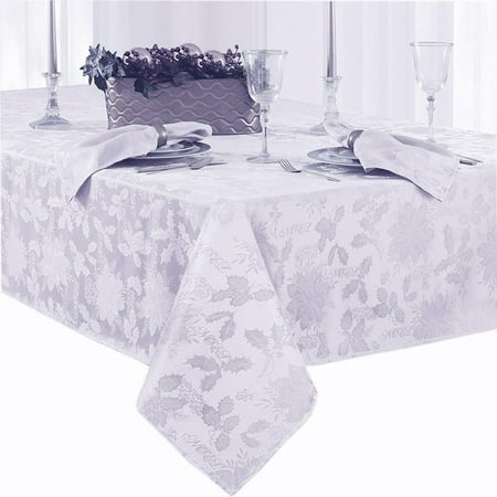 

Newbridge “Christmas Carol” Holiday Noel Damask Tablecloth Holly Leaf and Poinsettia Weave Damask Soil Resistant Wrinkle Free Easy Care Tablecloth 52” x 70” Oblong/Rectangle White