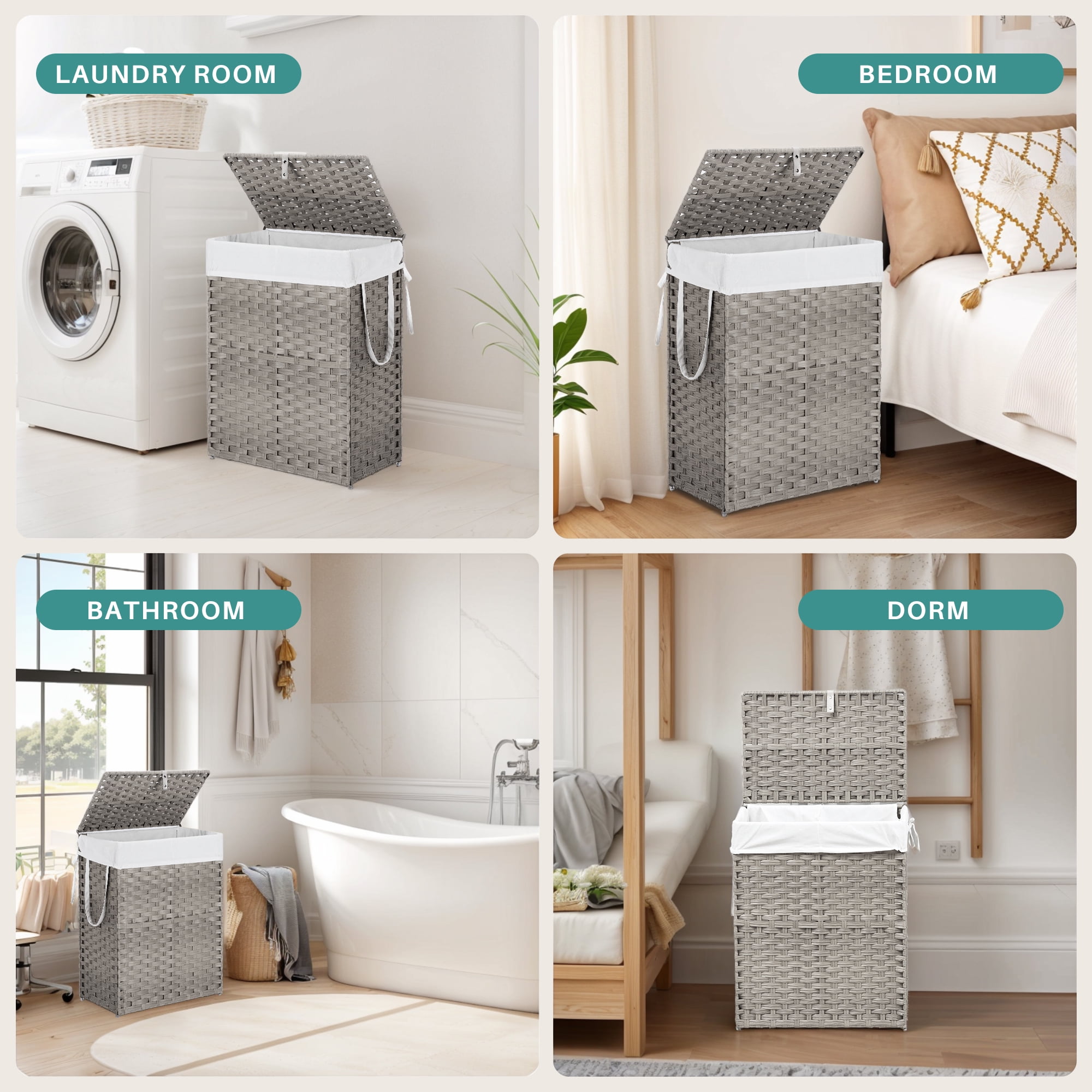 90L Foldable Laundry Hamper with Lid and Removable Liner, Wicker Basket for Bedroom & Bathroom, Gray