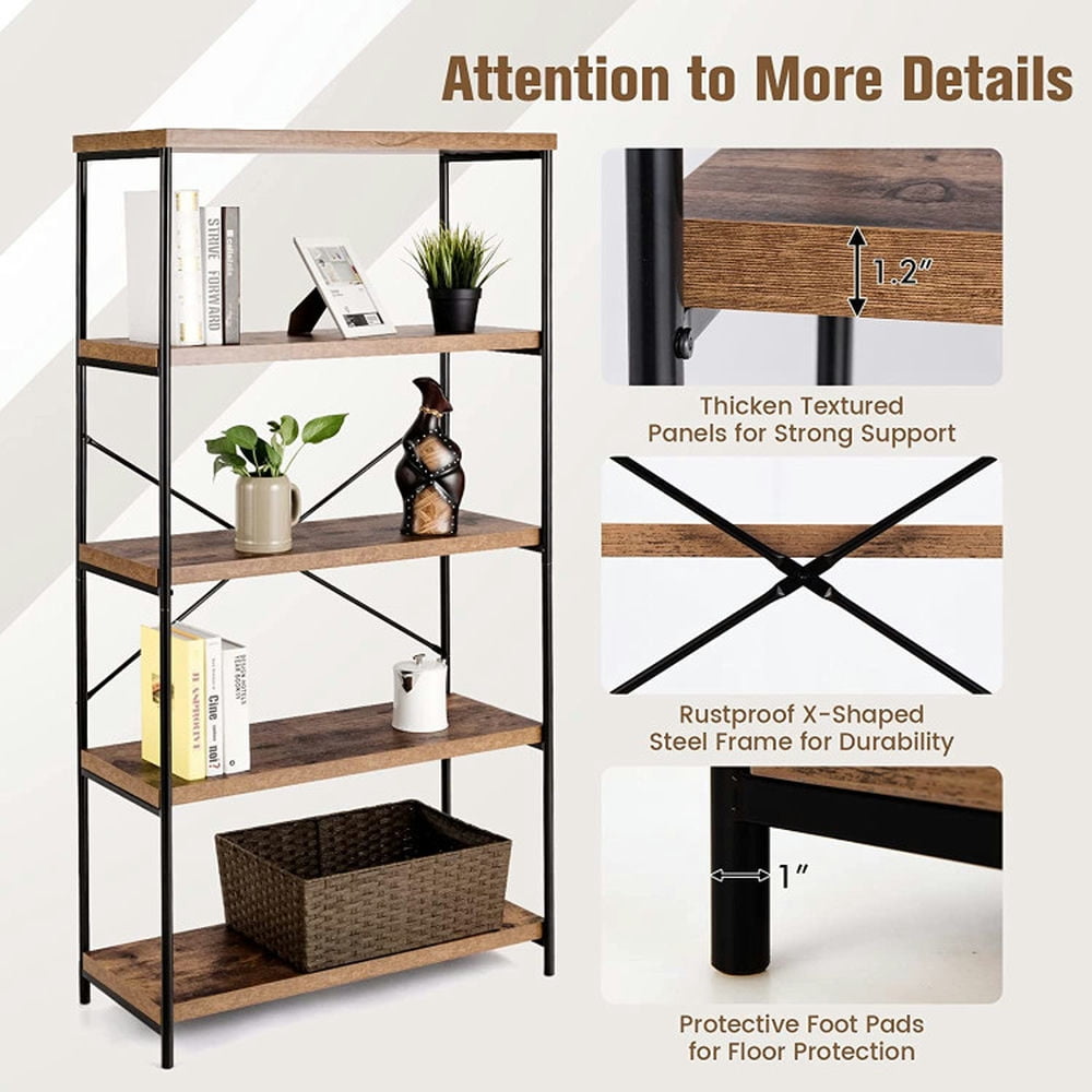 Demi Bonn 4-Tier Multipurpose Open Bookshelf, Industrial Rack Wide Standing Storage Shelf Bookcase, Brown