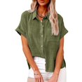 thumbnail image 1 of Chemises en Coton et Lin à Manches Courtes pour Femmes, Chemisier Boutonné, Col en Gaze, Hauts d'Été Boho Décontractés, Vêtements pour Dames, 1 of 2