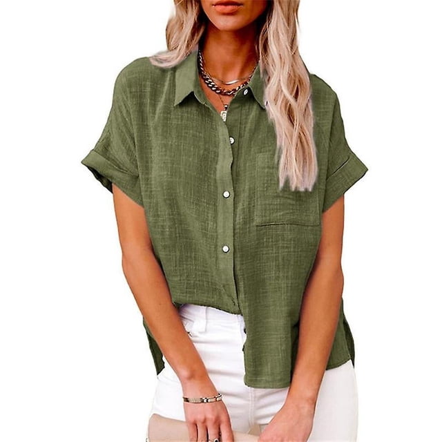 Chemises en Coton et Lin à Manches Courtes pour Femmes, Chemisier Boutonné, Col en Gaze, Hauts d'Été Boho Décontractés, Vêtements pour Dames