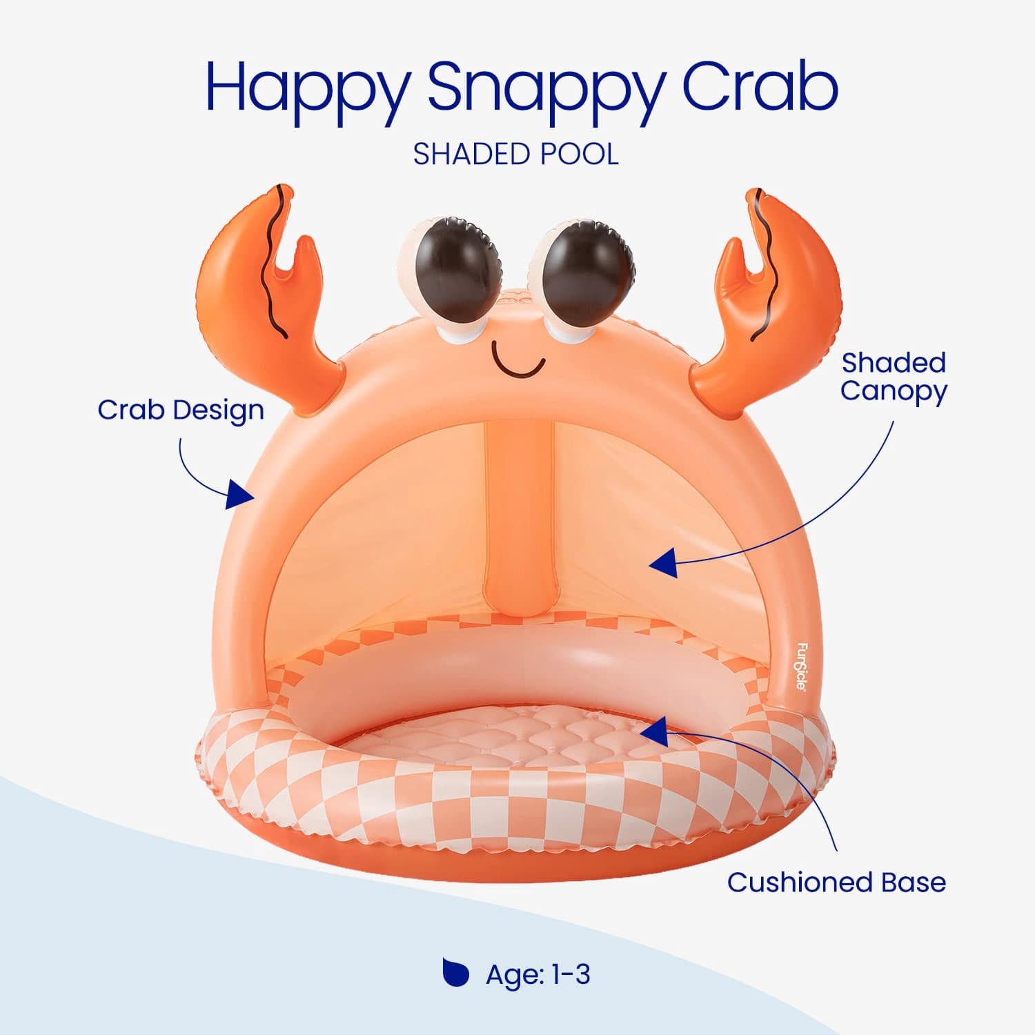 Funsicle Happy Snappy Crab Shaded Inflatable Kids Splash Pool, 40" x 40" x 38", Ages 1 to 3