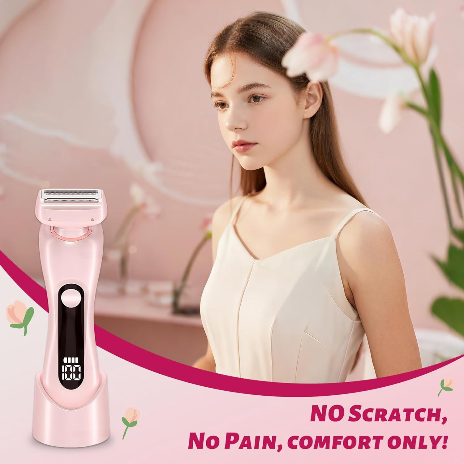 Electric Razor for Women, 2 in 1 Wet & Dry Painless Removal Shaver with Detachable Head, Base and LED Display, IPX7 Waterproof Long Battery Life Hair Removal for Underarm ArmBikini Legs Face (Pink)