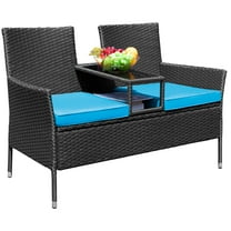 LACOO Outdoor Patio Loveseat Modern Wicker Patio Conversation Furniture Set with Cushions and Built-in Coffee Table Porch Furniture for Garden Lawn Backyard, Blue