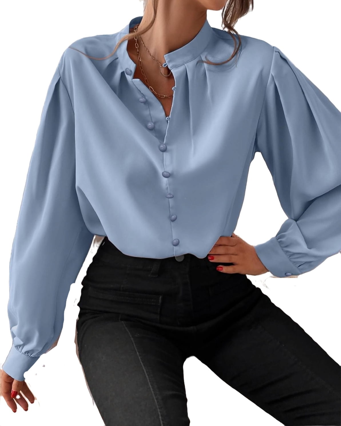 Women's Blouses Elegant Plain Top Stand Collar Fake Buttons Long Sleeve  White S 