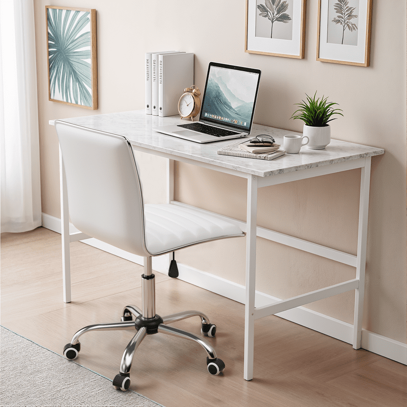 Lacoo Task Chair Desk Chair Mid Back Armless Vanity Chair Swivel Office Rolling Leather Computer Chairs Ribbed Adjustable Conference Chair (White)