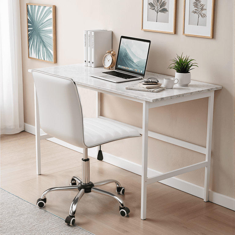 Lacoo Mid-Back Armless Task Chair, White Faux Leather photo 7