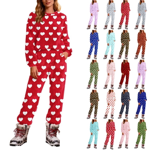 Akafmk Plus Size Fleece Pajama Sets for Women 2 Piece Long Sleeve Loungewear Set Print Warm Homewear Tops and Sleepwear Pants Sets XL