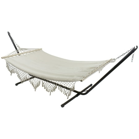 Northlight Macrame Cotton Hammock with Wooden Bars - 78" x 47" - Beige