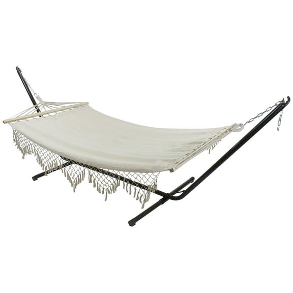 Northlight Macrame Cotton Hammock with Wooden Bars - 78" x 47" - Beige