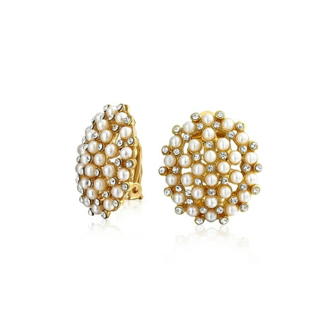 Art Deco Style Geometric Round White Cluster Simulated Pearl Fashion Clip on Earrings For Women 14K Gold