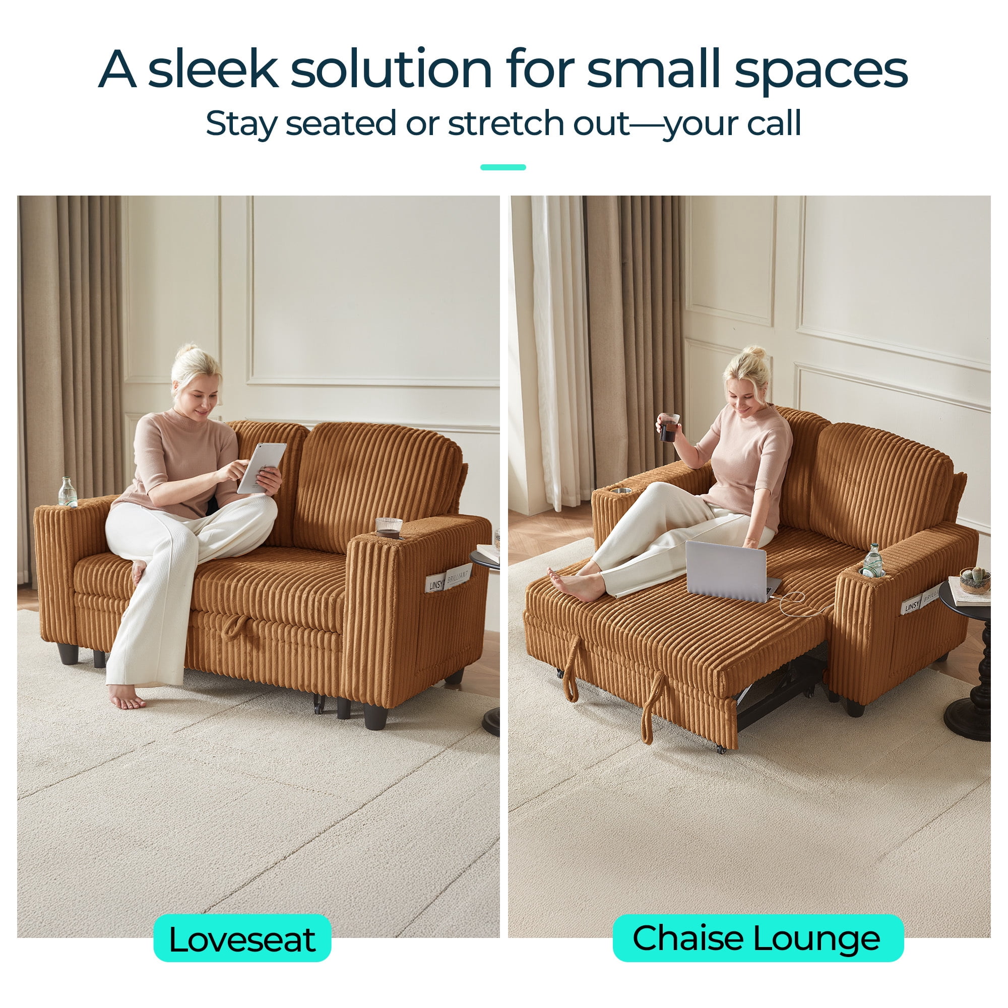 LINSY HOME Pull Out Couch Chaise Lounge for Living Room, Convertible Loveseat Sofa Couch With Usb & Cup Holder, Brown
