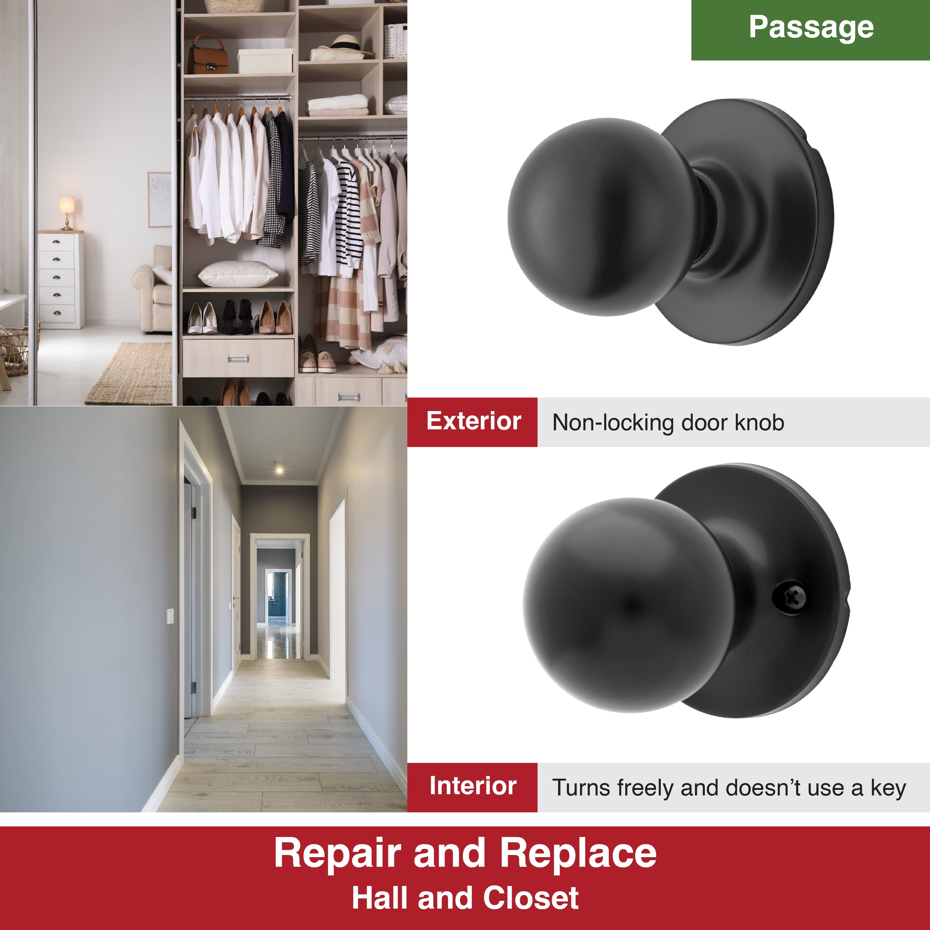 Hyper Tough Interior Non-Locking Ball Passage Hall & Closet Doorknob Matte Black Finish
