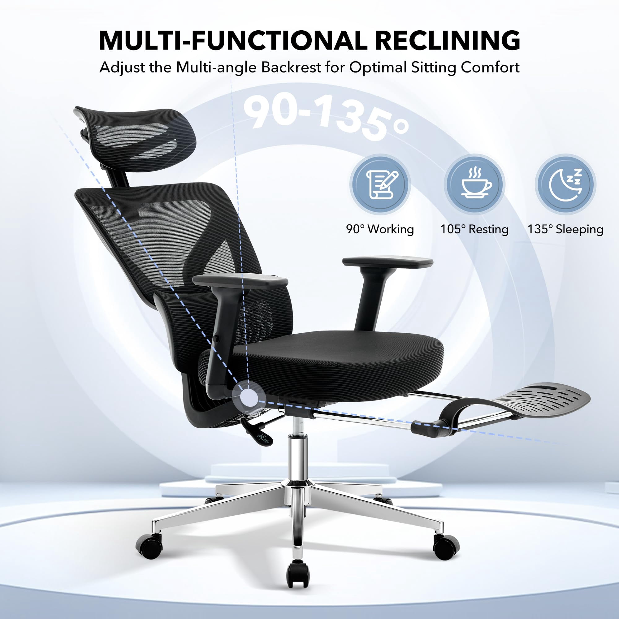 Ergonomic High-Back Mesh Office Chair – Adjustable Footrest, 3D Armrests, Lumbar Support, Headrest & Recline – Swivel Task Chair, Electroplated Frame – Black, With Footrest