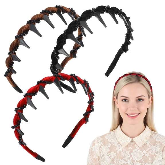 3Pcs Vintage High Cranium Artificial Pearl Hairband Non-Slip Knotted Pearl Headband Bridal Hair Hoop Rhinestone Wedding Party Headwear Band with Teeth Grip Elegant Hair Accessories for Women Girls