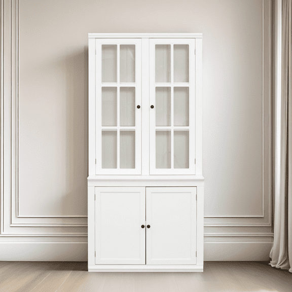 Traditional Style Display Cabinet with Double Glass Doors, Ample Storage China Hutch for Living Room, Kitchen, Home Office or Studio - White