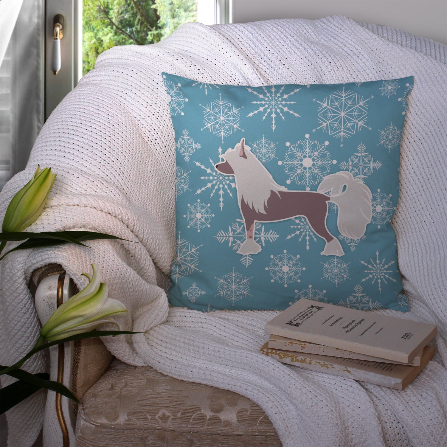 Carolines Treasures Winter Snowflake Chinese Crested Fabric Decorative Pillow 14Hx14W multicolor