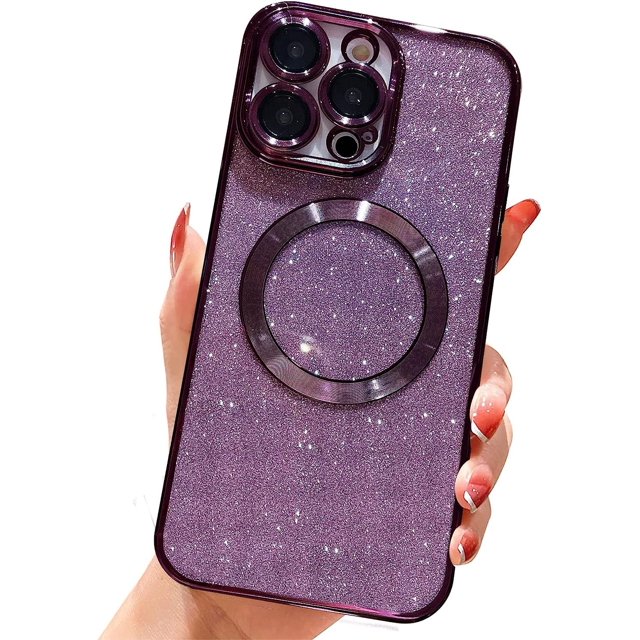 Funda magnética con purpurina para iPhone 12 Pro Max de 6.7", compatible con Magsafe. Preciosa funda transparente con acabado brillante, protector de lente de cámara, antiarañazos y a prueba de