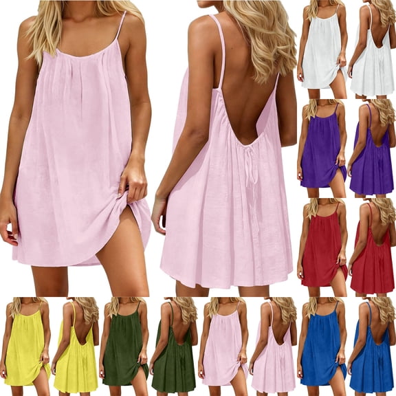 Craaazy Women Dresses for Summer Casual Solid Color Spaghetti Strap Backless Loose Short Dresses for Beach Vacation and Daily Wear