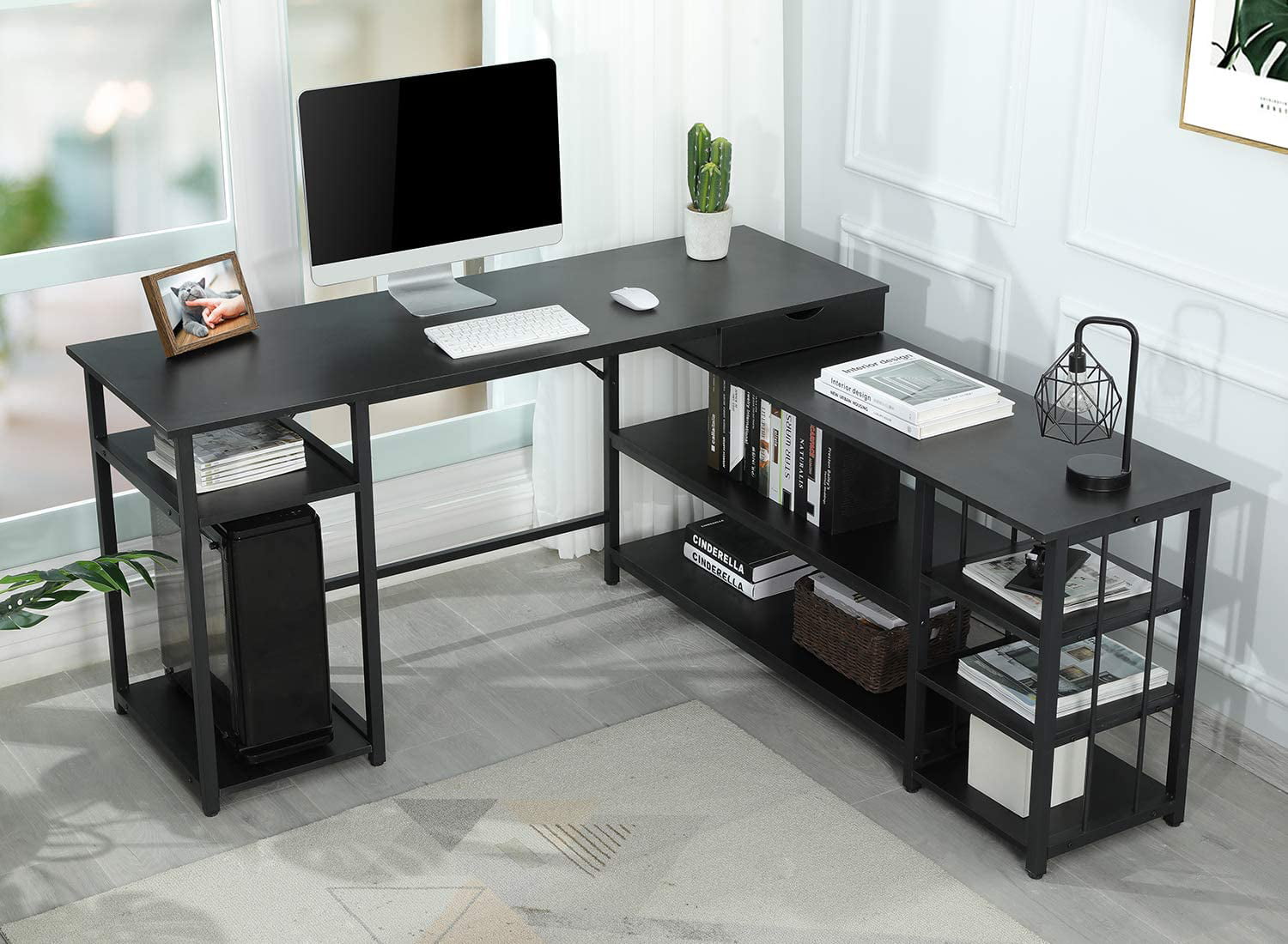 Modern L-shaped Computer Desk Corner PC Table Workstation Home Office w/ Shelves 