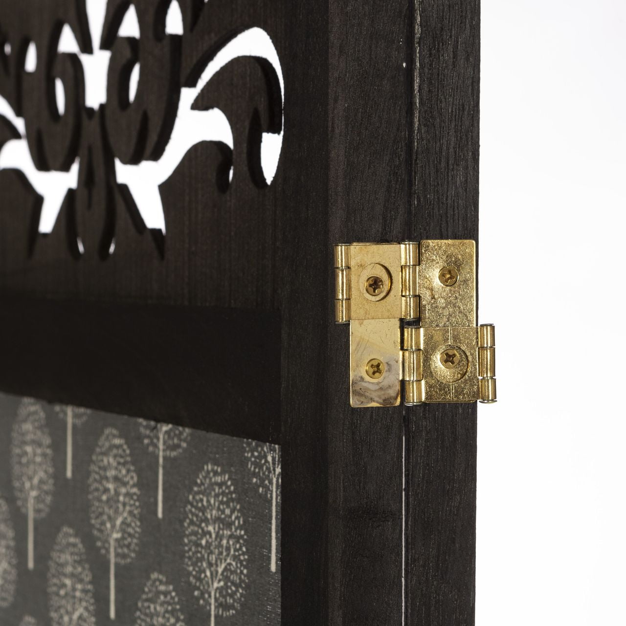 3 Panel Room Divider Solid Wood and Canvas with Decorative Cutouts Tree Design 67" Tall Black