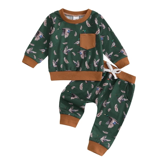 Xudanell Baby Boy Outfit Mallard Graphics Sweet Toddler Boy Winter Clothes Long Sleeve Tops Print Pants with Pocket Newborn Clothes