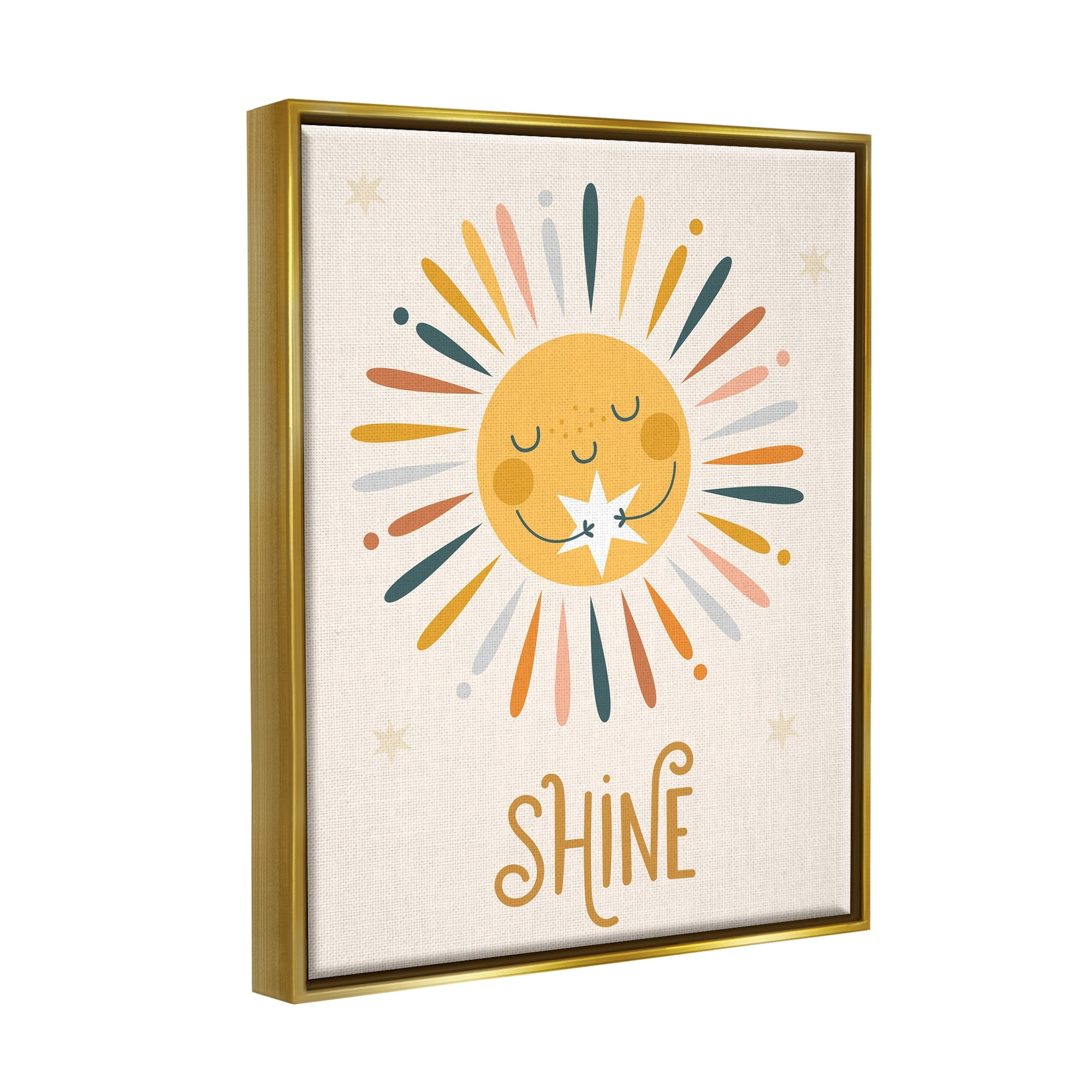 Stupell Industries Shine Phrase Uplifting Sun Rays Hugging Star Graphic Art Metallic Gold Floating Framed Canvas Print Wall Art, Design by Ilis Aviles