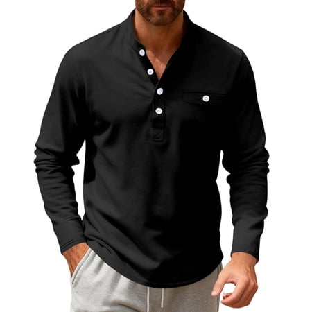 Men s Band Collar Tops Casual Long Sleeve T Shirts Loose and Breathable Tees Business Casual Outfits with Pockets Black M