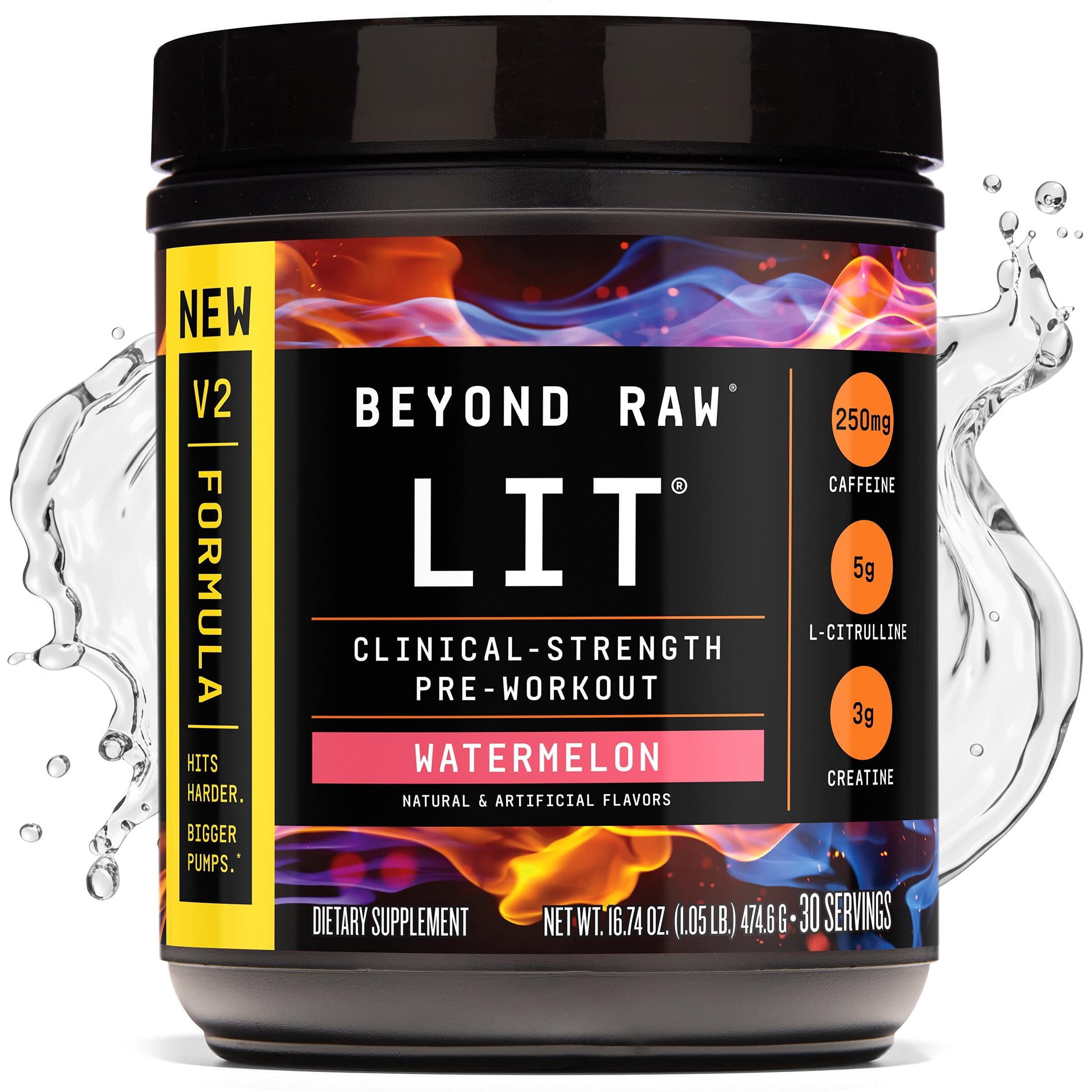 BEYOND RAW LIT V2 Clinical Strength Pre Workout Powder, Hits Harder, Bigger Pumps, Caffeine, L-Citrulline, Creatine, Watermelon, 30 Servings