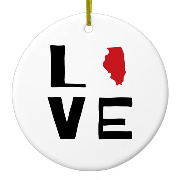 DistinctInk Hanging Ceramic Christmass Tree Ornament with Gold String - Great Gift / Present - 2 3/4 inch diameter - Illinois - Love Black & Red
