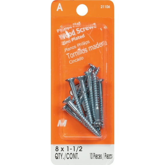 #8 x 1-1/2" Zinc Plated Steel Phillips Flat Head Wood Screws