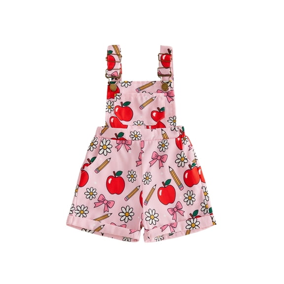 BemeyourBBs Toddler Baby Girl Back to School Overalls Shorts Outfit Kids Pre Kindergarten Outfit Baby Summer Romper Bib Overalls Clothes Apple Pencil Print Adjustable Strap Jumpsuit with Pocket