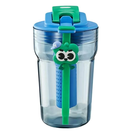 

JANGSLNG 480ml Cartoon Straw Bottle Tea Room Leak-proof Handle Design Transparent Portable Drinking Water Bottle School Supplies