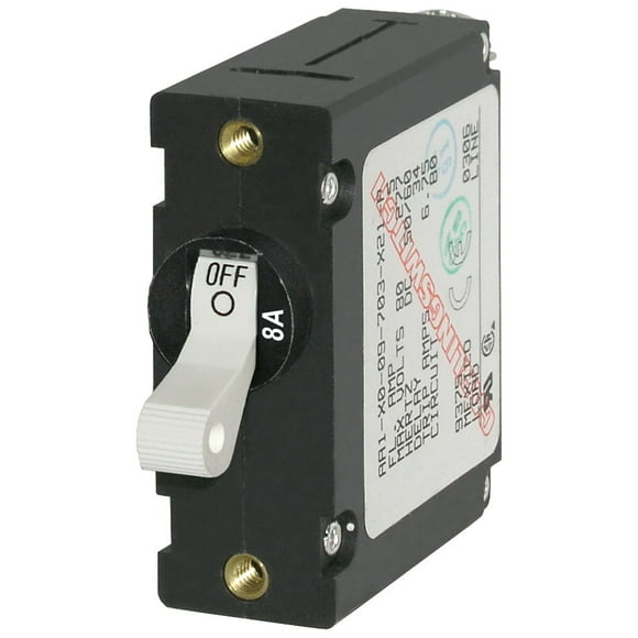 Blue Sea Circuit Breaker 7299-BSS A Series; 8 Ampere; 240 Volt AC/65 Volt DC; White; Single Pole Magnetic Hydraulic Type; Toggle Actuator; 10-32 Screw Terminal; Single